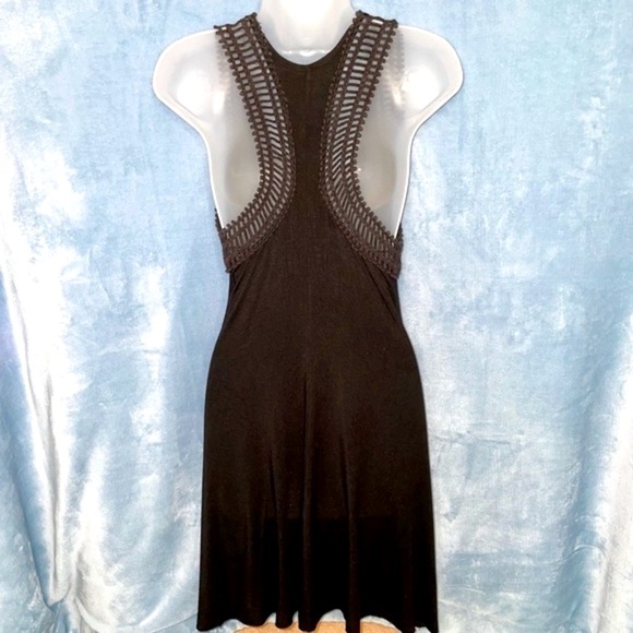EUC Robin Piccone crochet black racer-back sleeveless flare dress w/ shelf bra - Picture 2 of 5